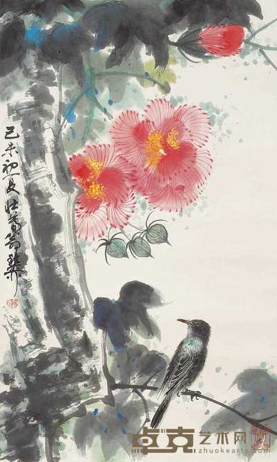 谢稚柳 芙蓉栖鸟 立轴 67×40cm